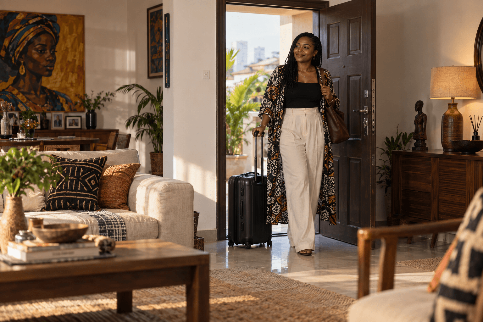An illustrative scene of a woman arriving at a home.