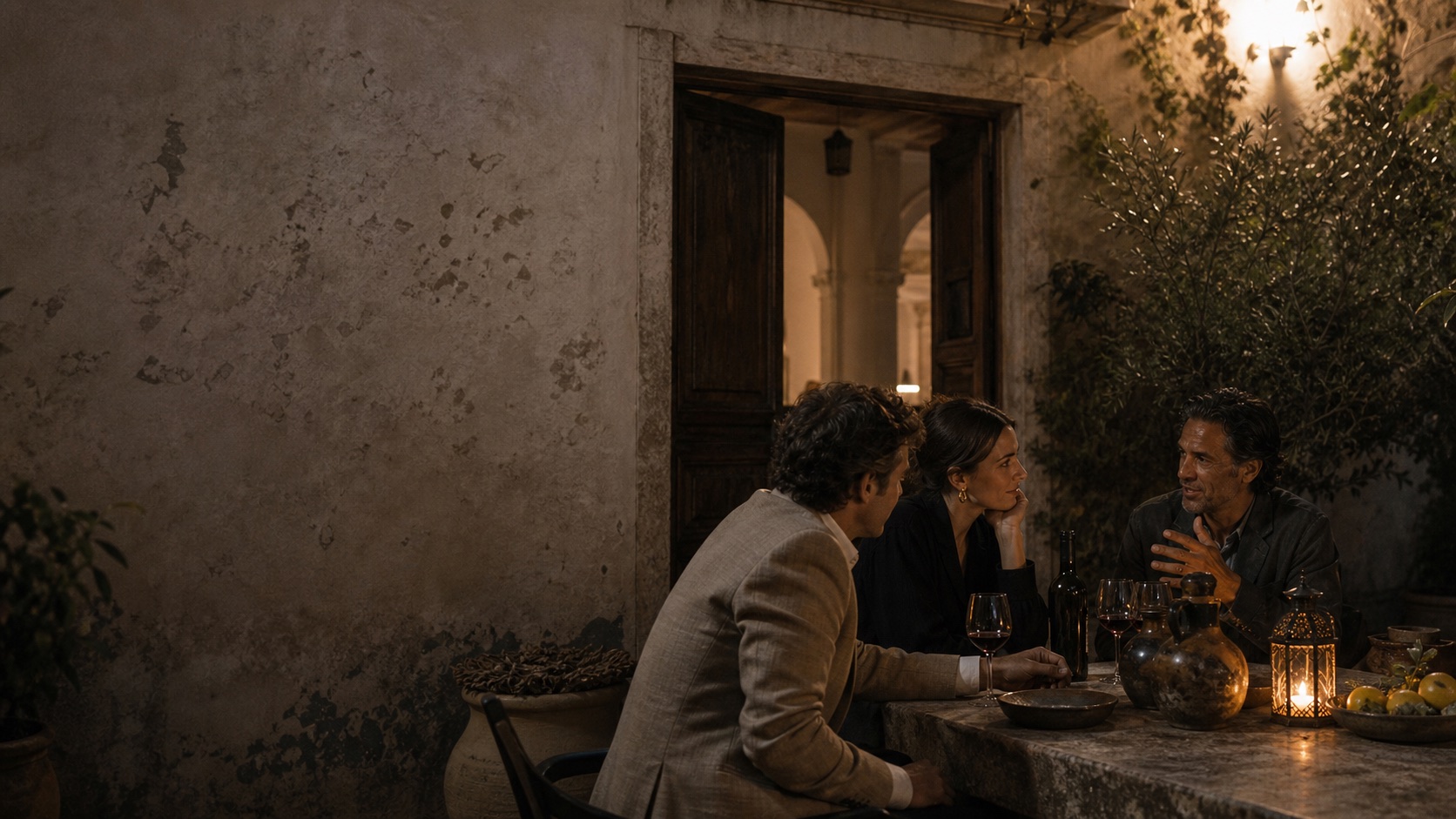 A quiet courtyard conversation at candlelight, suggesting a trusted private introduction.