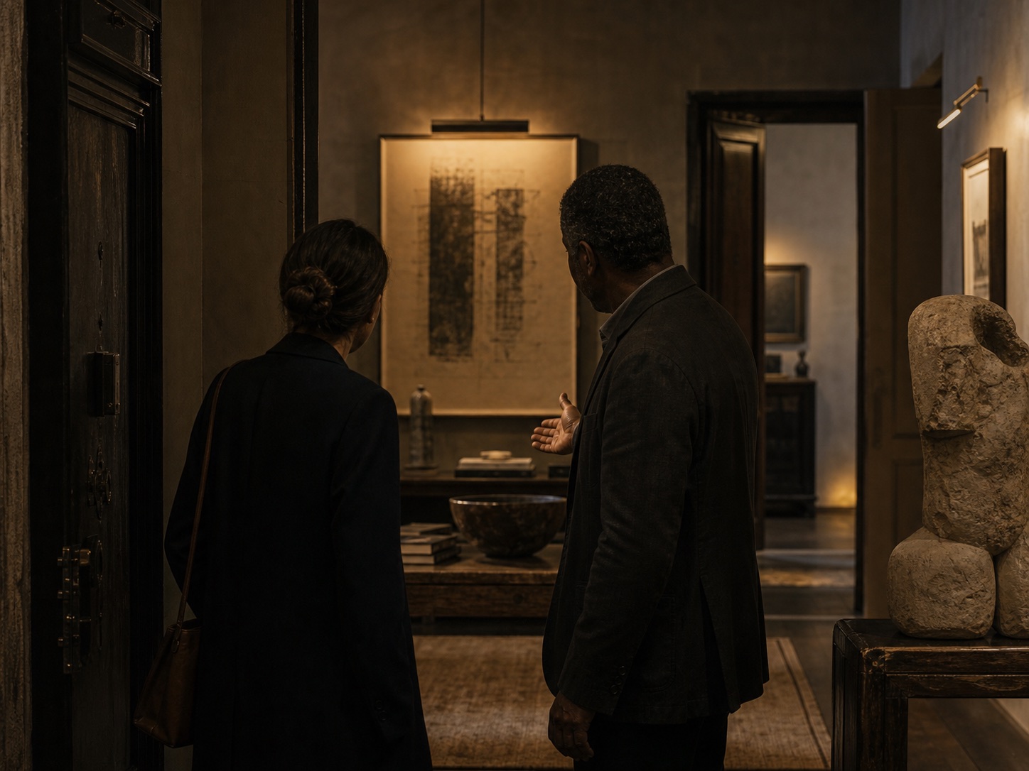 A visitor being welcomed into a private gallery.