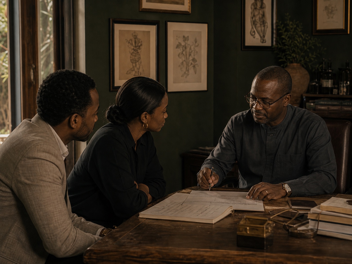 A physician reviewing papers with a family.