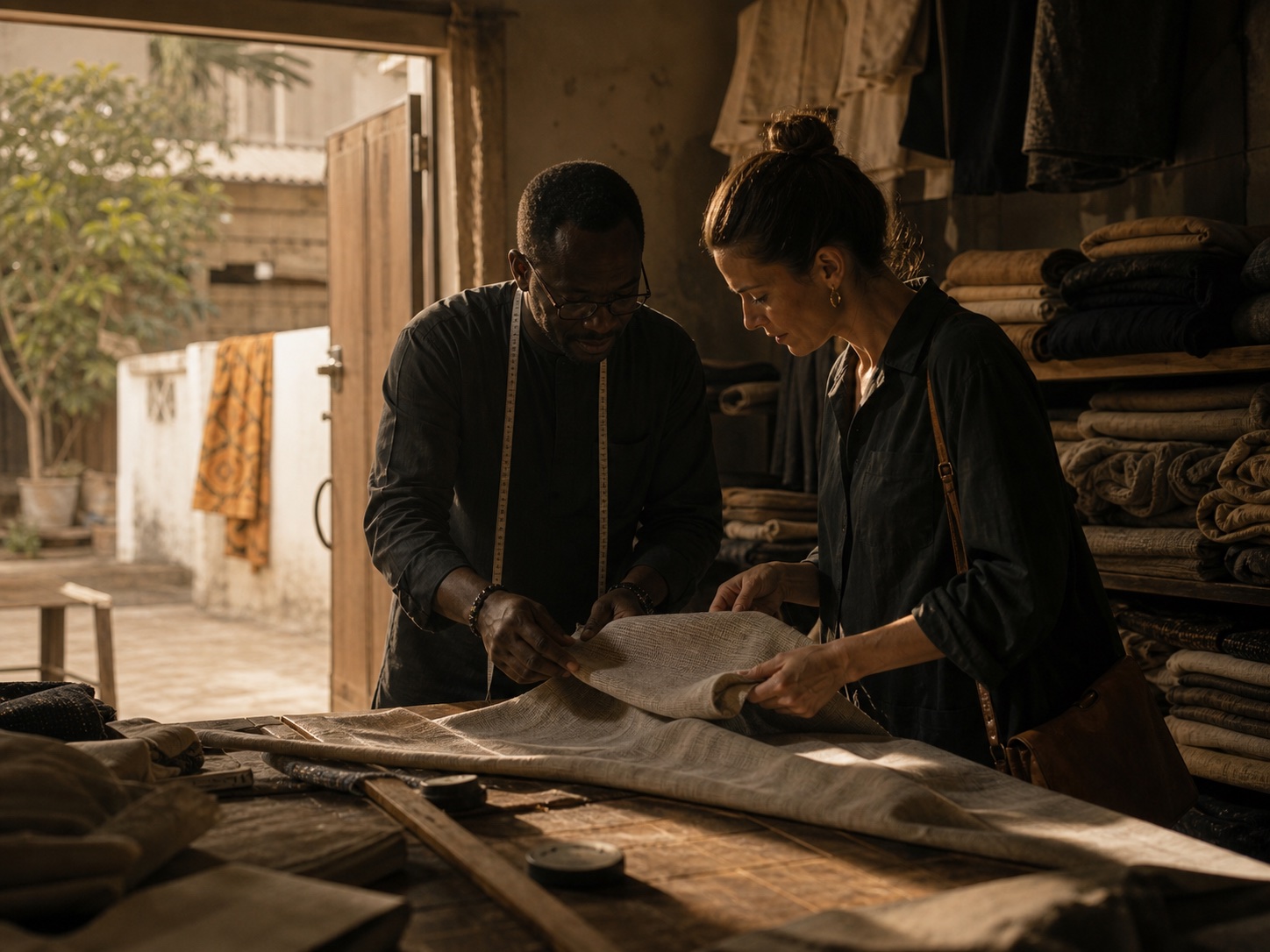 A craftsperson and visitor examining fabric in a private workshop.